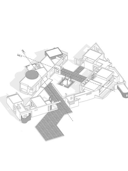 An axonometric drawing of the House of Axes, showing the fragmentation of the house into different units grouped around courtyards. This approach addresses the social need for expandability in a joint family system while maintaining a strong sense of continuity.