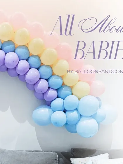 A collage showcasing various setups for babies, from rainbow-themed birthdays to elegant baby showers, under the title 'All About Babies'.