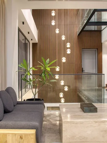 A wider view of the Kedias Residence atrium, showing how the open design allows light and views to travel through the heart of the home.