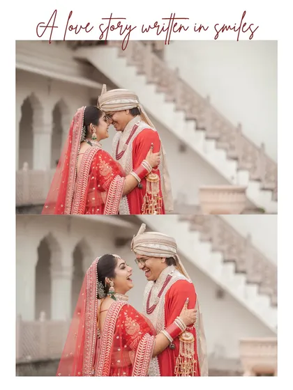 A collage capturing the genuine smiles and laughter between the couple. These unposed interactions tell a love story more powerfully than any portrait, set against the elegance of a palace.