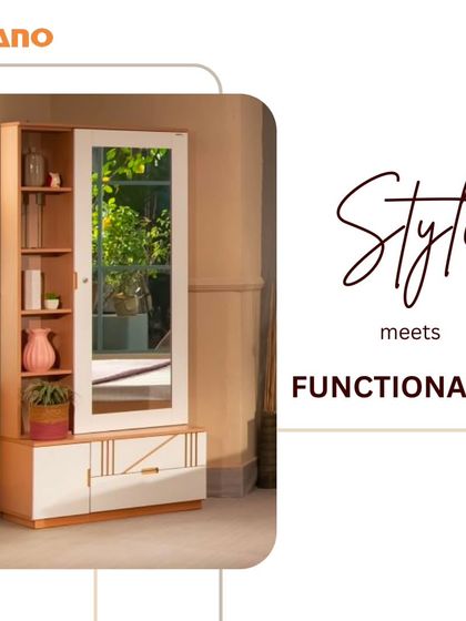 Style meets functionality in this dressing table design. It features a sliding mirror that reveals hidden shelving, along with drawers for organized storage, all in a two-tone wood finish.