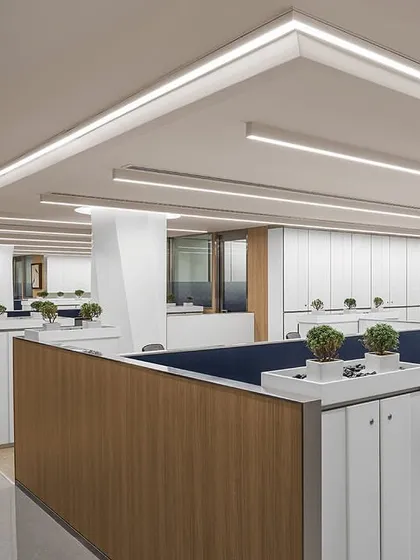 The workstation area in 'The Layered Office' features custom desks with wood-paneled dividers and integrated storage. We used hard vinyl flooring instead of carpet to brighten the space, which has a low ceiling height.