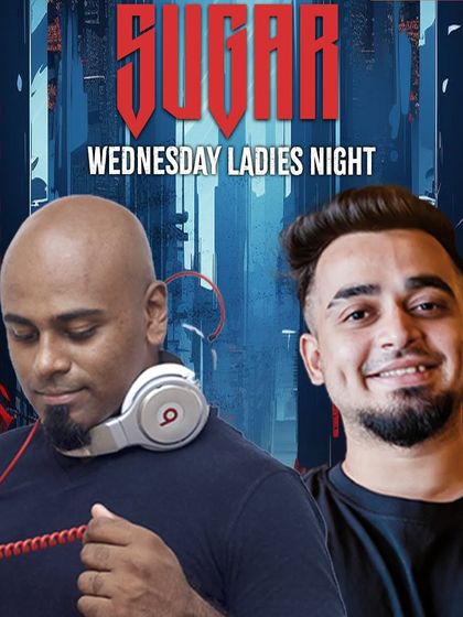 A promotional flyer for 'Sugar Wednesday Ladies Night' with a sleek, modern design.