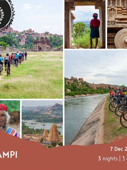 This collage captures the essence of our Hampi tour: cycling through the ruins, exploring temples, meeting local people, and enjoying views of the river.