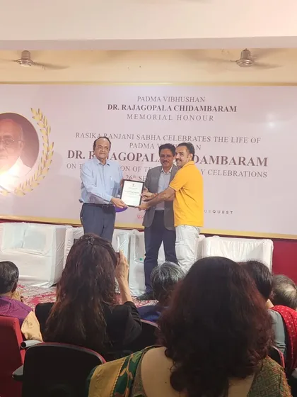 A wider view of the award ceremony, showing the formal recognition of my work in front of an esteemed audience. Such honors fuel my passion to continue promoting Indian arts and discipline.