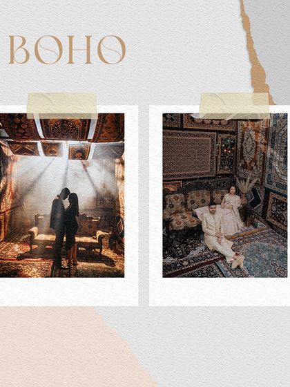 A creative collage presenting a 'boho' themed shoot as polaroid snaps. The warm, dramatic lighting and rustic decor create a unique and artistic vibe.
