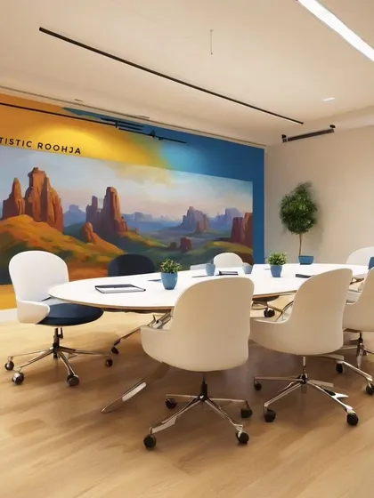 A mockup of a large landscape mural in a modern office meeting room, illustrating how art can inspire creativity and focus.