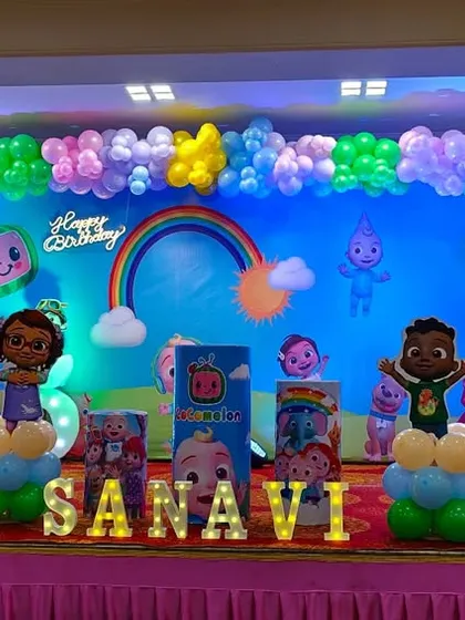 A wide shot of the Cocomelon birthday stage setup.