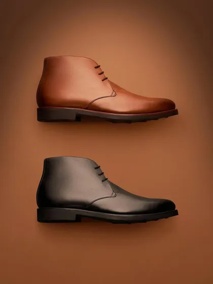 A clean, graphic composition for Hanker Boots. Placing the brown and black boots against a simple, gradient background isolates them and allows the viewer to focus purely on their classic shape and form.