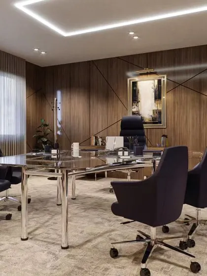 This executive conference room was designed for decisive meetings, featuring a sleek glass-top table and premium seating. The dark wood paneling and sophisticated ceiling lighting create a focused and luxurious corporate environment.