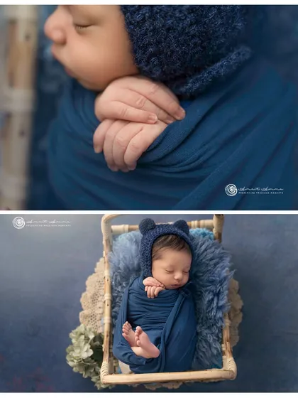 A close up on the tiniest details. The baby's little hands and the texture of the blue wrap are the focus of this beautiful macro shot.