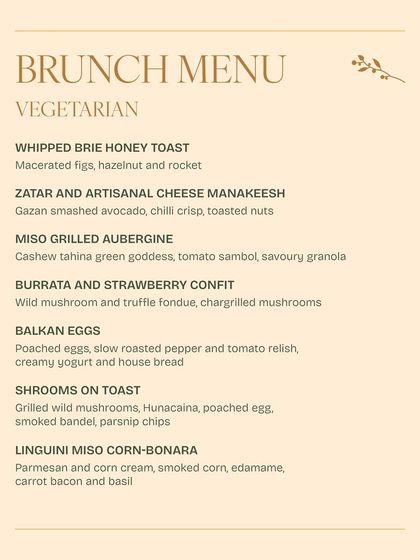 A vegetarian brunch menu, highlighting creative dishes like Miso Grilled Aubergine, Burrata and Strawberry Confit, and Linguini Miso Corn-Bonara.