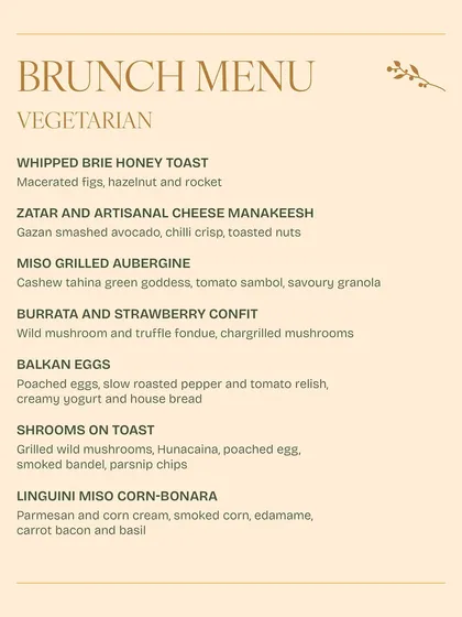 A vegetarian brunch menu, highlighting creative dishes like Miso Grilled Aubergine, Burrata and Strawberry Confit, and Linguini Miso Corn-Bonara.
