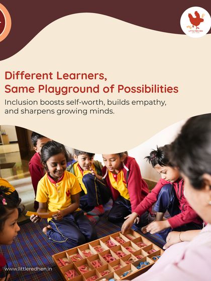 Different learners, same playground of possibilities. A teacher guides a group of children with a wooden letterbox, an activity that boosts self-worth, empathy, and cognitive skills for all.