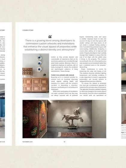 Another spread from the CW Property feature, detailing our approach to curating spaces with art, from large sculptures to commissioned installations.