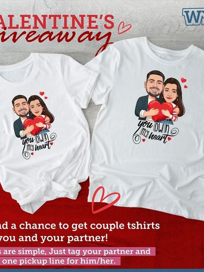 A giveaway for Valentine's Day featuring custom caricature couple t-shirts. Turn your photo into a cute cartoon and wear it proudly.