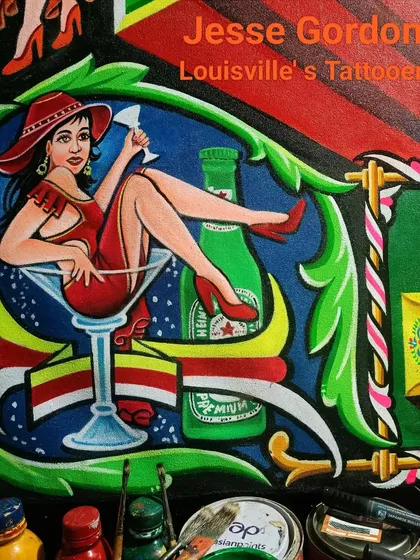 A detail of the woman in the martini glass, a classic tattoo motif, painted for the Neon Moon sign.