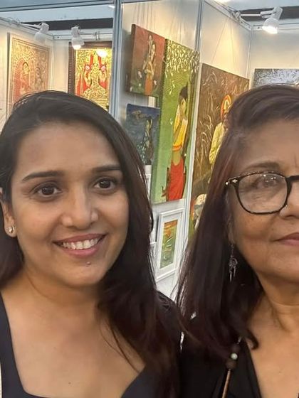 A selfie with visitors at my booth during the India Art Festival. Connecting with people who appreciate art is one of the most rewarding parts of being an artist.