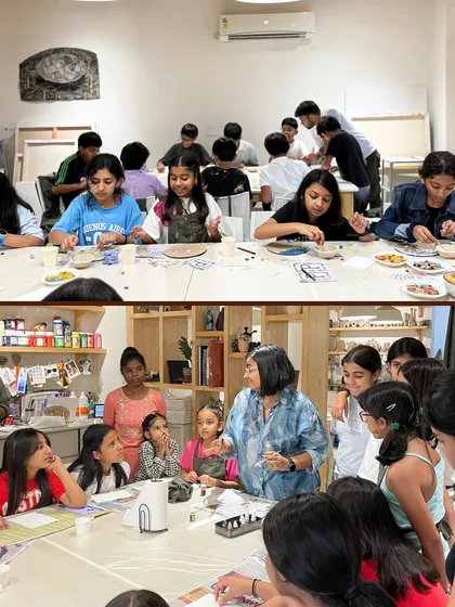Our studio is buzzing with energy during art parties. Here, you can see kids fully engaged in a mosaic workshop and getting guidance from one of our artist mentors.