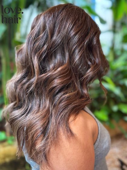 Another angle of the hot cocoa balayage, showing the depth and richness of the colour from the side.