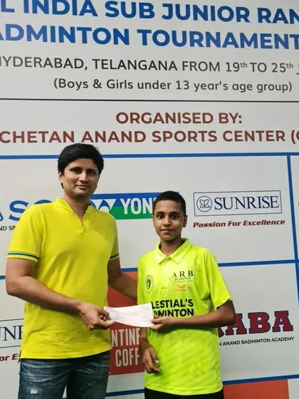 Our player Sneha Kumar receiving her prize money after winning a bronze medal at the All India Sub Junior Ranking tournament in Hyderabad.
