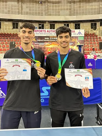 Deepit Patil and his partner KJ Akash with their silver medals in the Men’s Doubles event at the All India Inter-Institute Tournament in Vishakhapatnam.