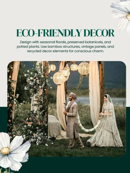 We believe in beauty with a conscience. This image showcases our eco-friendly decor approach, using seasonal florals, preserved botanicals, and natural wood structures to create a stunning mandap that's as kind to the earth as it is beautiful.