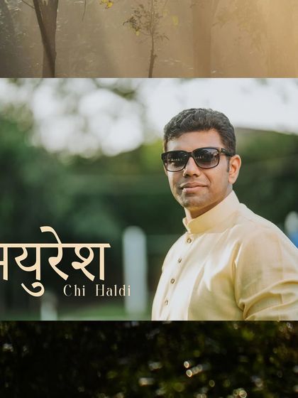 A stylish graphic announcing 'Mayuresh Chi Haldi', featuring a cool portrait of the groom in sunglasses.