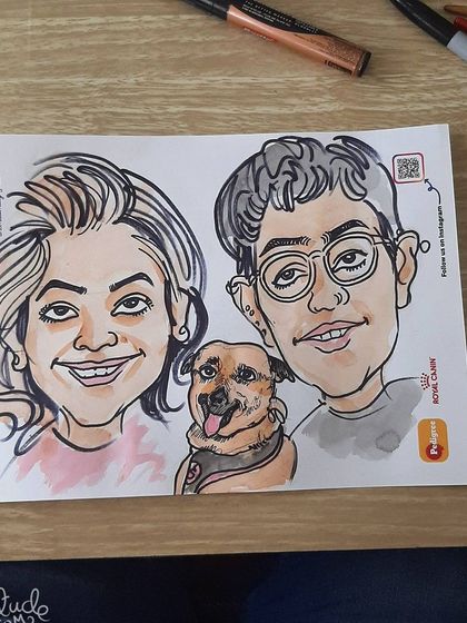 A fun couple-and-pet caricature! This is a great way to get a unique family portrait that includes every member.