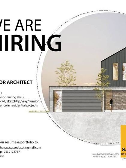 A job opening for a Senior Architect at Shanavas & Associates in Calicut, Kerala, requiring experience in residential projects.