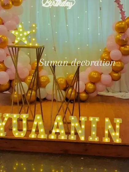 A close-up on the marquee letters spelling 'Yuaanin' and the star prop from the stage setup.