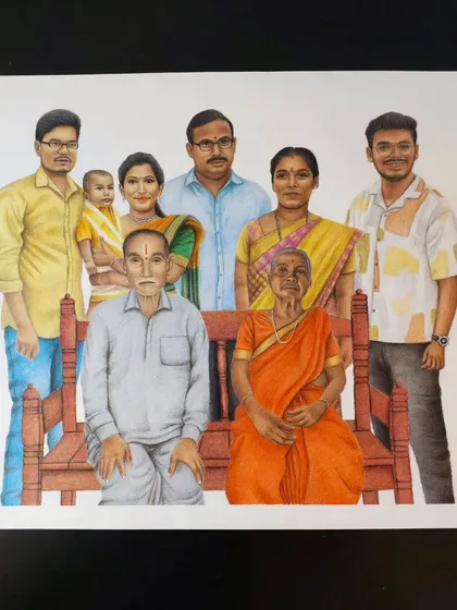 Creating this large A2 size family portrait was a challenge I loved. I merged 8 different photos to bring three generations together in one colourful drawing, a memory they can cherish forever.