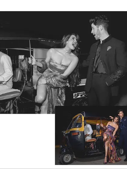 A collage showing both the final color shot and a candid black and white moment from my shoot with Priyanka Chopra and Nick Jonas. This juxtaposition highlights the difference between a posed photograph and a captured, spontaneous interaction.