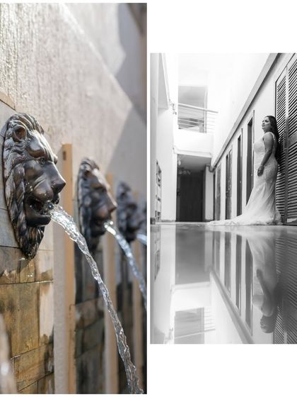 A diptych showing architectural details of the venue and a stunning bridal portrait, connecting the person to the place.