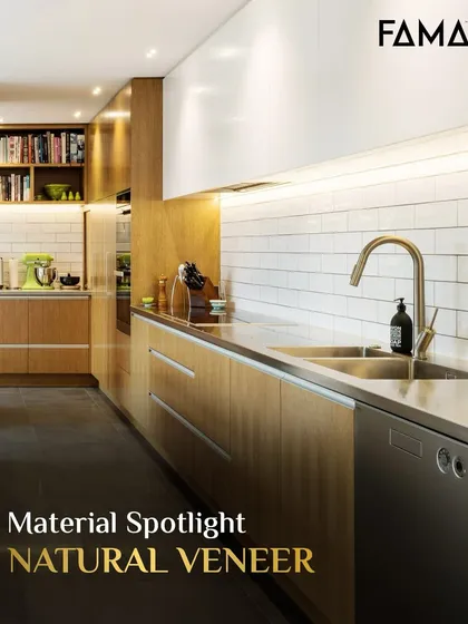 There is a special warmth that only natural veneer can bring to a space. In this kitchen, the wood grain adds texture and character, contrasting beautifully with the clean white subway tiles and stainless steel countertop. I select and treat each veneer sheet to ensure its elegance is preserved.