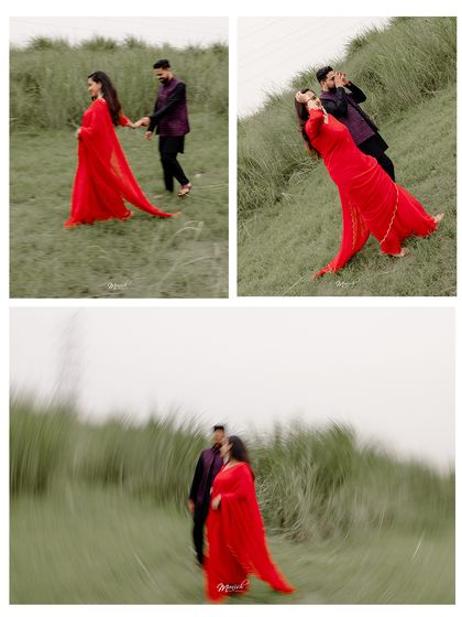A collage of motion and emotion, capturing the playful and romantic sides of Tulsi and Mohit during their pre-wedding adventure in a field of green.