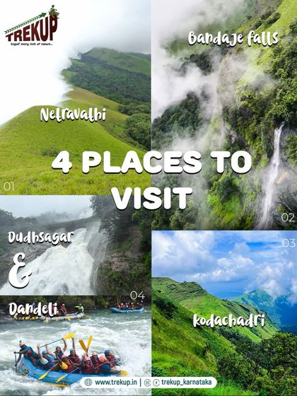 Can't decide where to go? This graphic showcases four of our top weekend destinations: Netravathi, Bandaje, Dudhsagar, and Kodachadri.