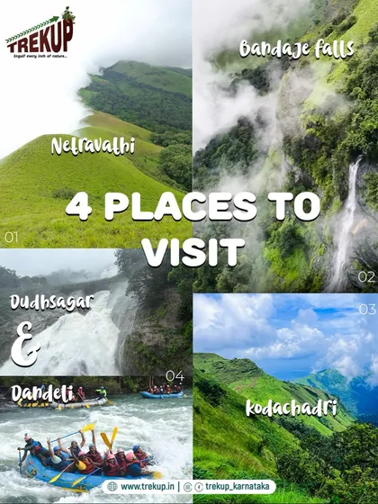 Can't decide on just one? This collage shows four of our top destinations: Netravathi, Bandaje falls, Dudhsagar, and Kodachadri. A perfect snapshot of the adventures we offer.