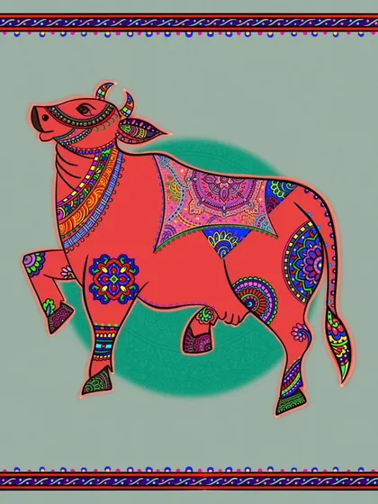 This version of my Kamdhenu cow artwork features a bold red body, symbolizing energy and life. The intricate folk patterns stand out beautifully against the vibrant color, making it a powerful piece of spiritual art.