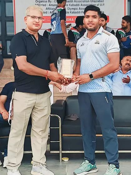 Receiving an award for my role as the coach for the Gautam Buddha Nagar team at the Senior Uttar Pradesh State Circle Kabaddi Championship.