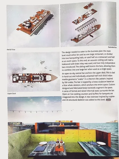 A page from a magazine feature explaining the design details of the floating restaurant. It describes the technical aspects, from the layout of the decks to the custom-fabricated brass bar and the whale skeleton-inspired sculpture.