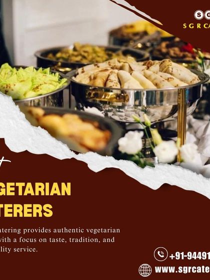 We provide authentic vegetarian dishes with a focus on taste, tradition, and top-quality service. This image shows an elegant buffet setup with a variety of dishes.