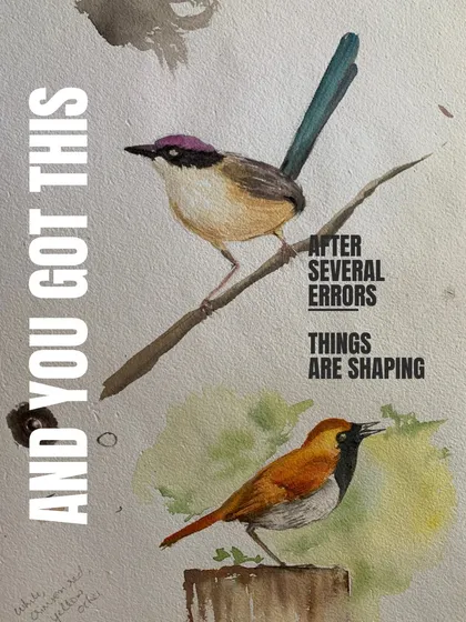 "After several errors, things are shaping up." This student's practice sheet of watercolor birds is a testament to the importance of persistence and learning from mistakes.