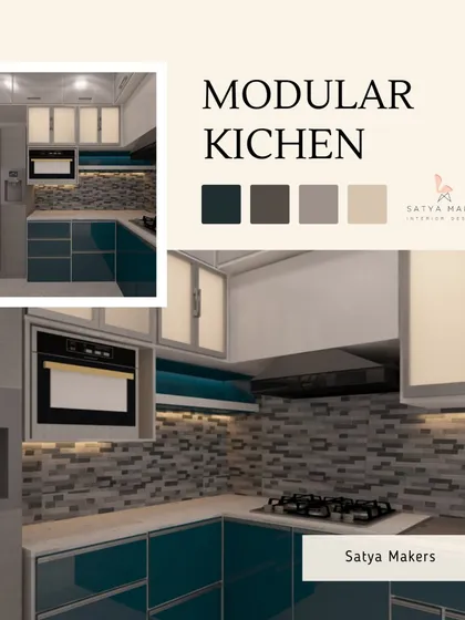 A collage showcasing a modular kitchen concept with a dark teal and neutral color palette.