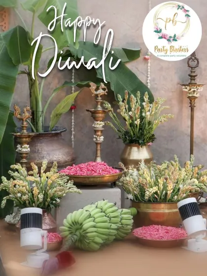 An elegant corner setup designed for a Diwali celebration. I used traditional elements like brass urlis and Kerala-style deepams, filled with fresh flowers and surrounded by banana plants, to create a warm, inviting, and festive atmosphere in the home.
