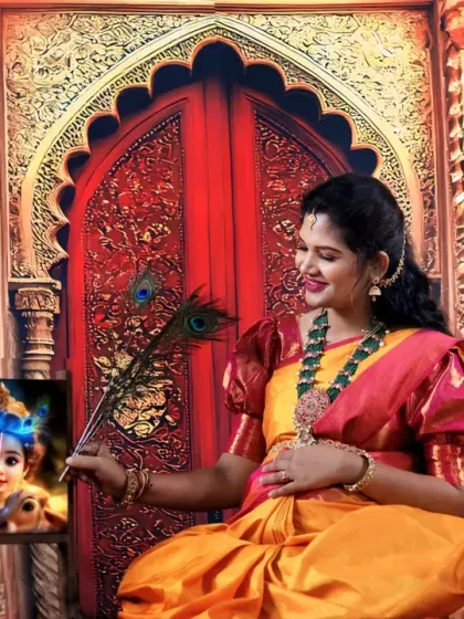 A maternity photoshoot celebrating tradition and anticipation. This Krishna-themed setup in my Yelahanka studio is perfect for a culturally rich pregnancy announcement.