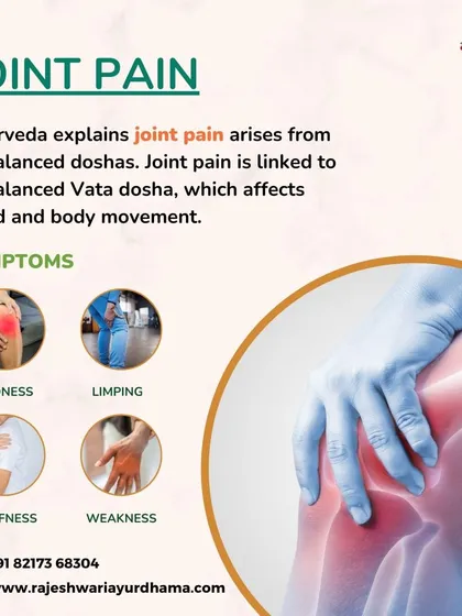 Understanding the root cause of joint pain is the first step toward healing. This graphic explains how an imbalanced Vata dosha can lead to symptoms like redness, stiffness, and weakness, which my targeted Ayurvedic treatments are designed to correct.