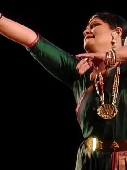 Reaching upwards in a gesture of offering or aspiration. This still from my Kolkata recital captures the blend of devotion and artistry that I strive to bring to every performance.