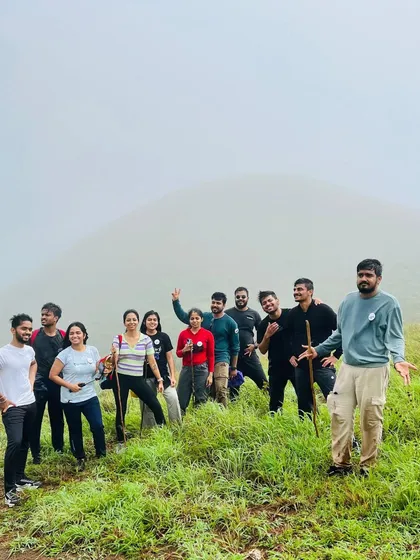 Our guide leading the way on a misty trail during the Kudremukha trek, showcasing the spirit of exploration.