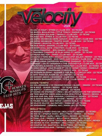 The complete tracklist for 'Velocity 2024'. This album is a comprehensive package, featuring everything from Down Tempo and Bollytech to pure Club Hits and special mashups.